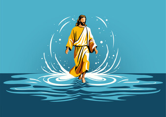Jesus Christ walking on the water on blue background
