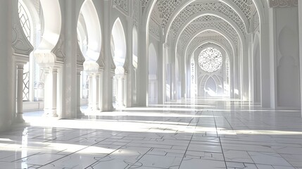 airy solid color like light grey. Design a background showcasing a detailed mosque with dramatic light and shadow effects, creating a sense of depth and grandeur