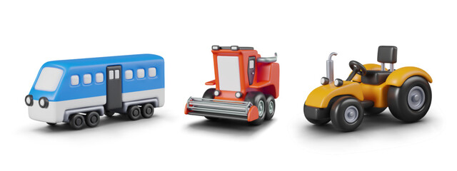 Collection of vehicles of various types. Blue railway passenger car, red combine harvester, tractor © ArtHub007