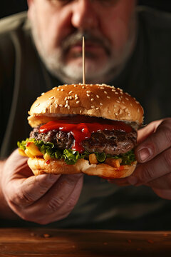 Fat man putting some ketchup on his hamburger