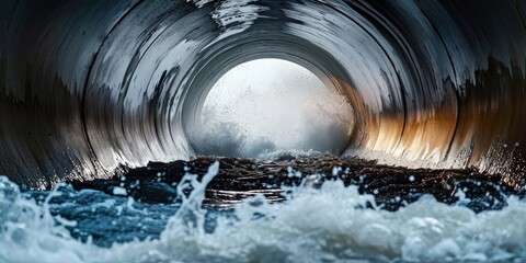 Contaminated storm water in a glossy concrete culvert at maximum capacity, Generative AI  - obrazy, fototapety, plakaty