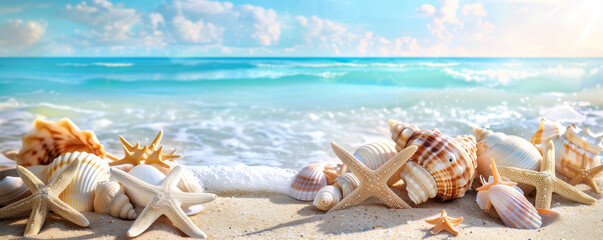 Fototapeta na wymiar Seashells and starfish on a sandy beach under the sunlight.