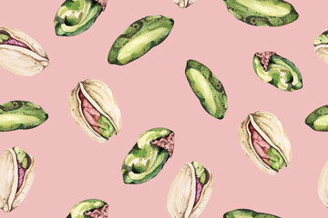 Seamless pattern of pistachios.Nut background texture.For designing fabric patterns, wallpapers, and poster designs.Food ingredients