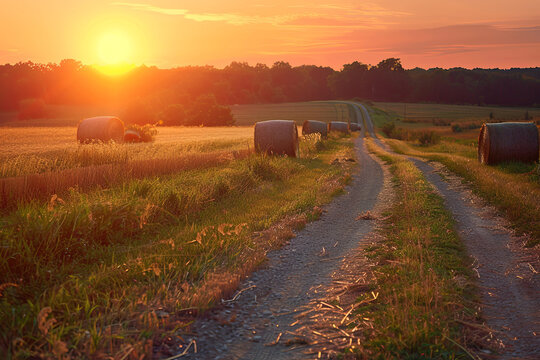 Sunset over rural road and farm field with hay bales