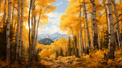 Autumn yellow poplar tree landscape - obrazy, fototapety, plakaty