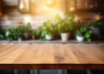 Empty wooden table top with blurred modern kitchen interior background for product display montage, product mockup, or setting kitchen and dining theme. space for text.