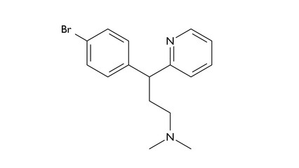 brompheniramine molecule, structural chemical formula, ball-and-stick model, isolated image first-generation antihistamine