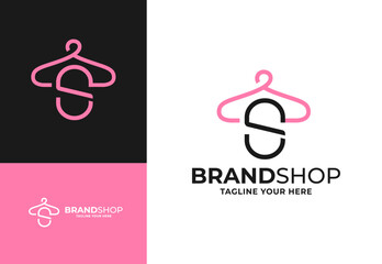 Clothes hanger for S initial logo vector, Minimalist boutique logo design illustration. Initial capital letter S elegant hanger icon