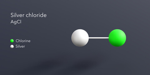 silver chloride molecule 3d rendering, flat molecular structure with chemical formula and atoms color coding