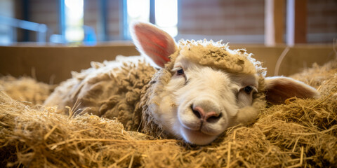 Content Sheep Resting in Straw Bed