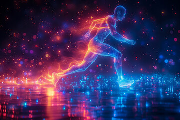 Fototapeta na wymiar Athletic Aura: Holographic Visualization of Running Athlete with Aura