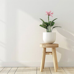 Photo of a stylish stool with a blooming flower in a white pot against a white wall in a modern style room with copy space