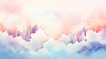 Deurstickers Urban landscape in pink and blue clouds, background postcard in watercolor style © kichigin19