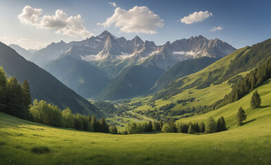 Obraz premium Majestic mountain range, tranquil meadow, panoramic landscape, beauty in nature , detailed