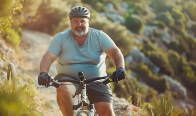 A middle aged overweight man riding a mountain bike - obrazy, fototapety, plakaty