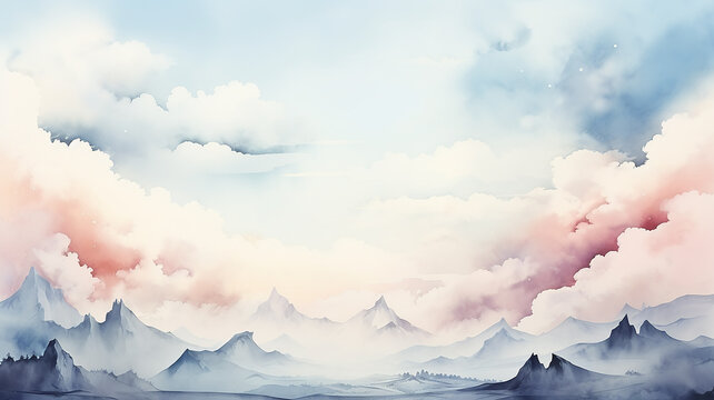 Mountain landscape in pastel clouds, background postcard in watercolor style