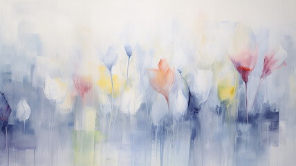 Delicate white tulips flowers, a symbol of love and happiness, a fragrant spring flower bed, a romantic gift for March 8 in watercolor paints - obrazy, fototapety, plakaty