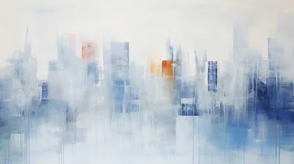 Photo sur Aluminium Peinture d aquarelle gratte-ciel Urban landscape in watercolor paints, skyscrapers and buildings reflected in water, rainy sad day in blue and white tones, background color image
