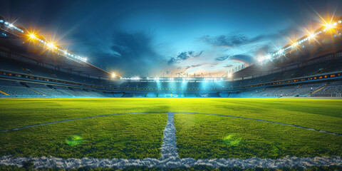 An empty soccer stadium shines under the vivid colors of a sunset sky, ready for the evening match