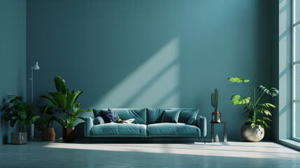 Blue modern minimalistic interior background wall mockup 3d render