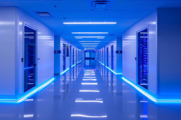 Futuristic Blue-Lit Data Center Corridor With Server Racks