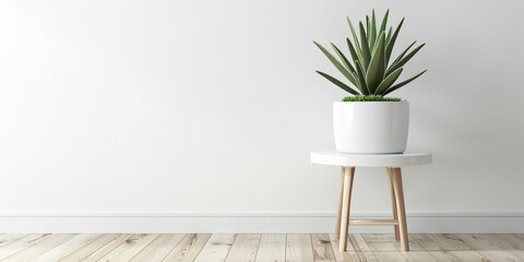 Photo of an aloe flower in a white pot on a wooden stool against a white wall with copy space on the left, minimalist style - obrazy, fototapety, plakaty