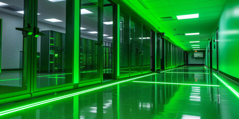 Modern Data Center Corridor with Green Lighting and Server Racks