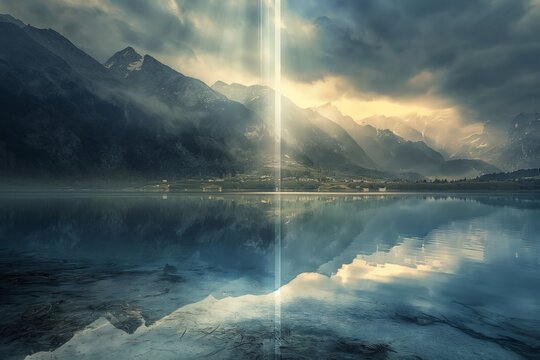 A tranquil scene with a clear lake reflecting mountains and a dramatic sun ray divides the image.