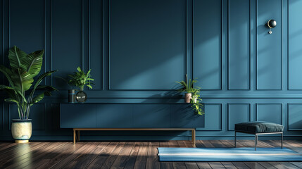 Blue modern minimalistic interior background wall mockup 3d render