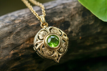 Elegant Green Gemstone Pendant on Wooden Surface