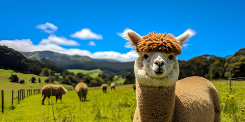 Fototapeta premium Cheerful Alpaca Enjoying Sunny Day in Green Pasture