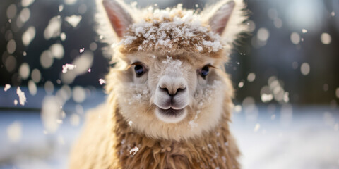 Naklejka premium Winter Wonderland Alpaca: Close-Up Portrait in Snowy Scenery