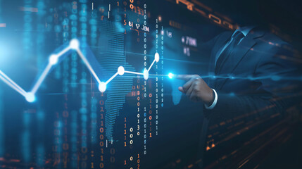 Business technology concept, of a businessman touching blue glow financial graph increase the sales, with connect digital data, crossed on chest, generative ai