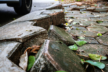 Pavement surface is damaged and dangerous. Broken brick blocks can pose danger to pedestrians. Old...