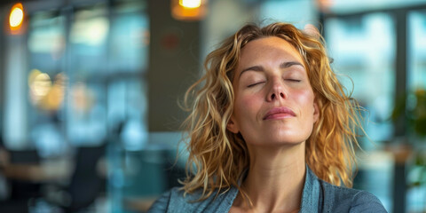 Fototapeta premium Blissful Mindfulness: Woman Embracing Calmness in Modern Office Space