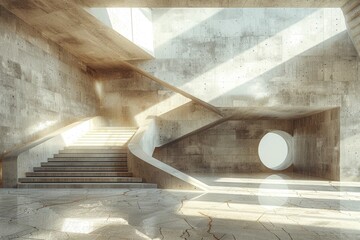 An image portraying a sunlit modern staircase casting geometric shadows and creating a serene atmosphere - 774140925