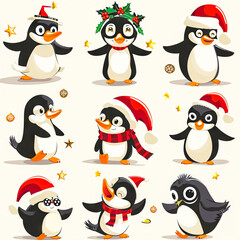 Obraz premium set Penguin in Santa's hat and scarf