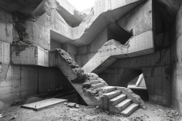 The desolation and decay of an abandoned brutalist concrete structure is captured here - 774140955