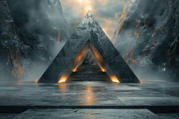 An awe-inspiring image of a grand pyramid with warm light emerging from its entrance amidst towering mountain cliffs - 774140965