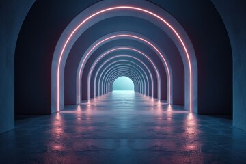 An infinite blue-lit arched tunnel promoting a feeling of serenity and the unknown as it leads towards a vanishing point - 774140972