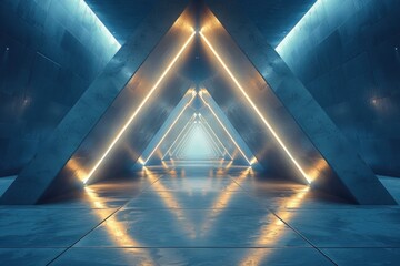 A modern illuminated triangular hallway with cool blue lighting emphasizing the sleek and sharp lines and giving a sensation of progression - 774140975
