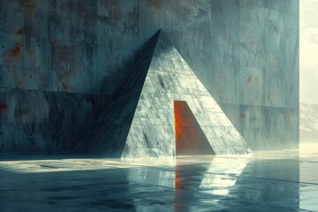 A striking image showcasing a rusty pyramid design amidst a reflective floor and luminous backdrop in a modern setting - 774140989