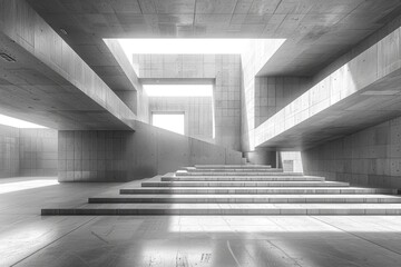 High contrast image of a minimalist staircase set within textured concrete walls and shafts of light - 774140994
