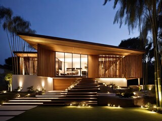 luxurious bamboo buccket  modern house exterior house illuminated by elegant sunny and garden in the morning