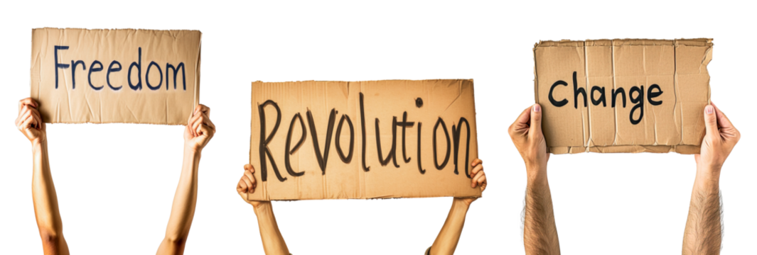 Collage of Caucasian people arm's holding up the different signs for protest that says "freedom, revolution and change". Isolated over white transparent background