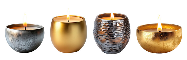 Elegant Metal candle holders in silver and gold color over isolated transparent background
