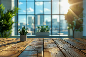 Sunlit Modern Office Interior with Green Plant on Wooden Table
