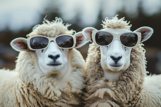 Two white, glamorous fierce sheep wearing sunglasses. comic photography