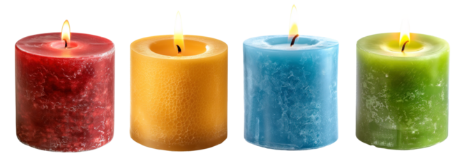 Petite candles collection in red, yellow, blue and green colors over isolated transparent background