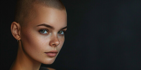 Fototapeta premium Closeup photo of a beautiful young girl model with shaved head, on a black background with copy space on the right, banner